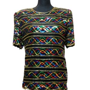 Vintage 80s Heavily Sequinned Rainbow Silk Top